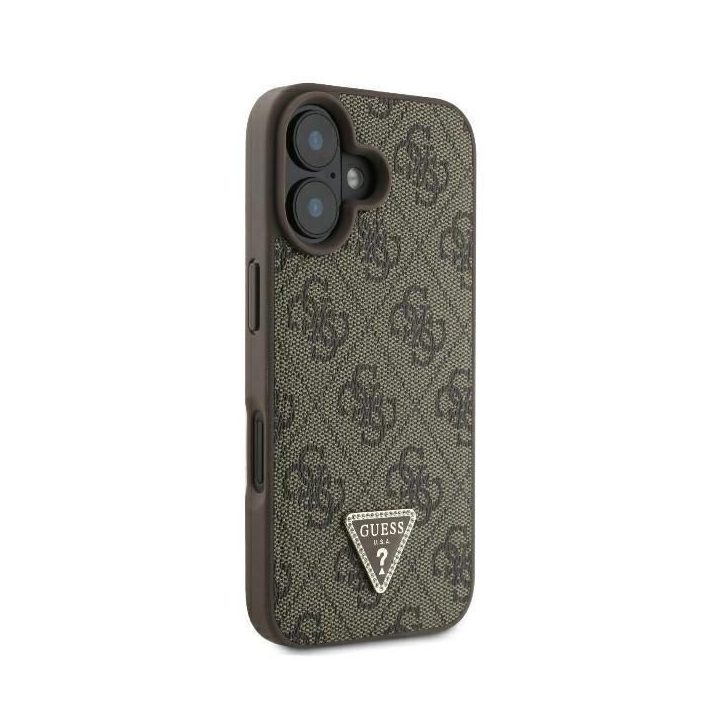 Guess odinis metalinis atsegamas dėkliukas su Strass“ logotipu iPhone 16 - rudos spalvos