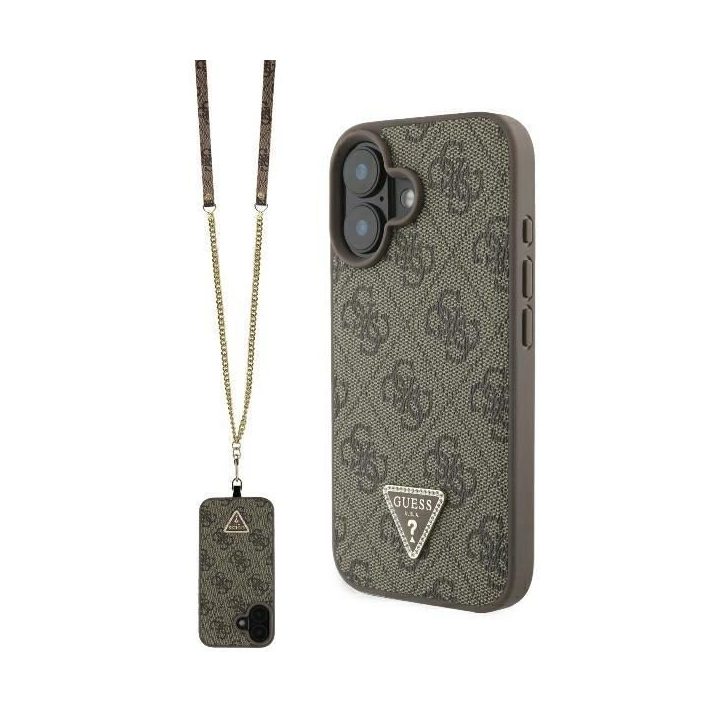 Guess odinis metalinis atsegamas dėkliukas su Strass“ logotipu iPhone 16 - rudos spalvos
