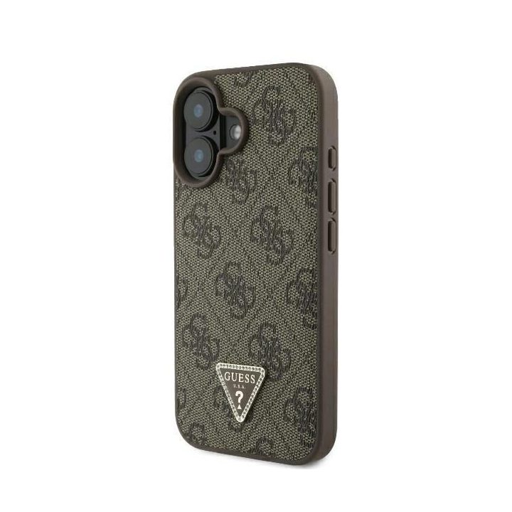 Guess odinis metalinis atsegamas dėkliukas su Strass“ logotipu iPhone 16 - rudos spalvos