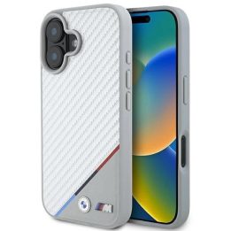BMW M Carbon Tricolor Line MagSafe iPhone 16 dėklas - pilkas