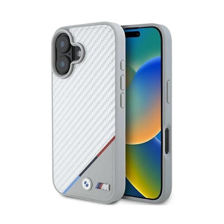 BMW M Carbon Tricolor Line MagSafe iPhone 16 dėklas - pilkas
