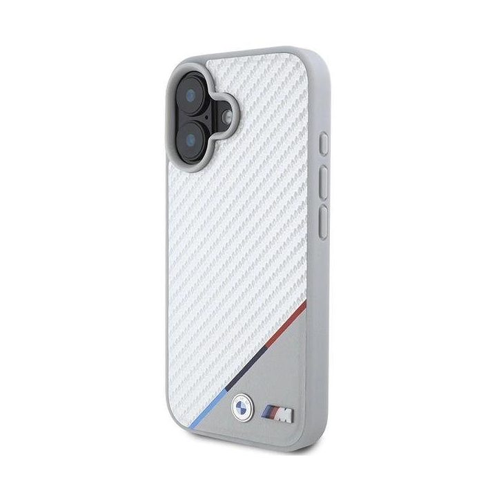 BMW M Carbon Tricolor Line MagSafe iPhone 16 dėklas - pilkas