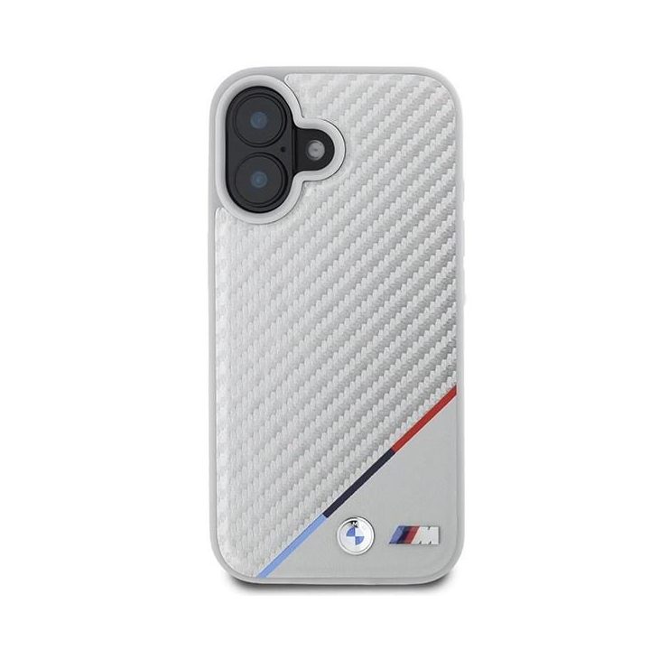 BMW M Carbon Tricolor Line MagSafe iPhone 16 dėklas - pilkas