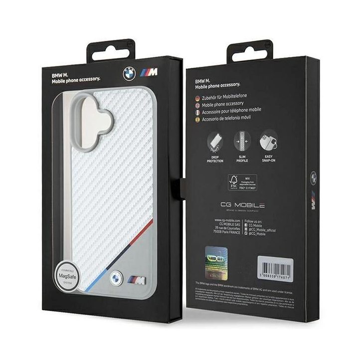 BMW M Carbon Tricolor Line MagSafe iPhone 16 dėklas - pilkas