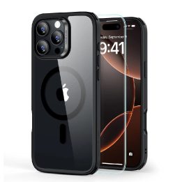 dėklas + grūdintas stiklas iPhone 16 Pro Max - skaidrus su juodu rėmeliu