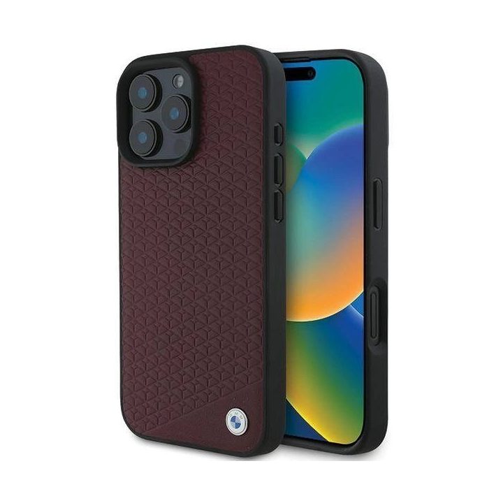 BMW ženklas, rombinis metalinis logotipas, MagSafe“ dėklas iPhone 16 Pro Max“ – raudonas