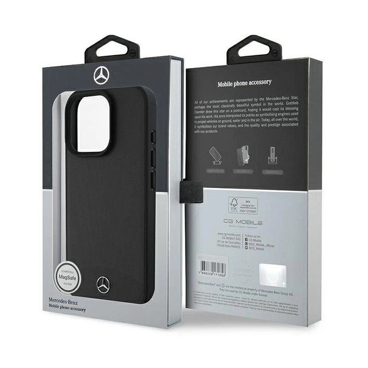 Mercedes“ magnetinis dėklas su tekstūruota ir lygia oda iPhone 16 Pro Max“ – juodas