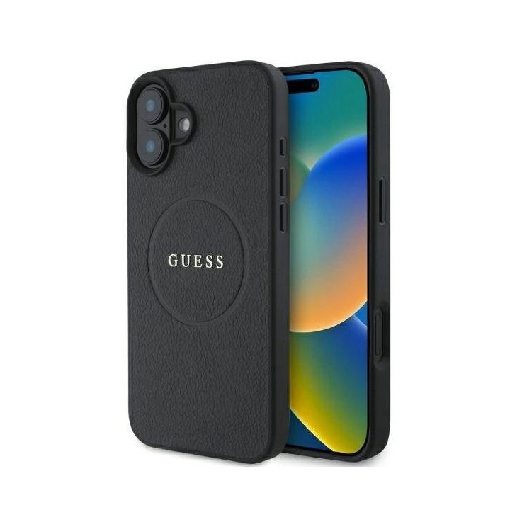 Guess Grained Gold Ring MagSafe dėklas iPhone 16 - juoda
