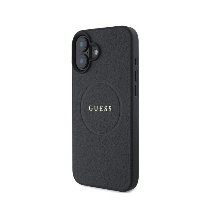Guess Grained Gold Ring MagSafe dėklas iPhone 16 - juoda