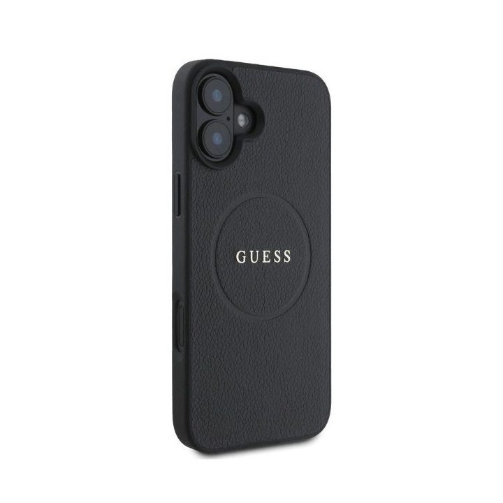 Guess Grained Gold Ring MagSafe dėklas iPhone 16 - juoda