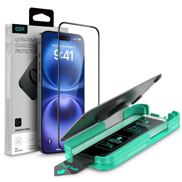 grūdintas stiklas iPhone 16“ su aplikatoriumi – su juodu rėmeliu
