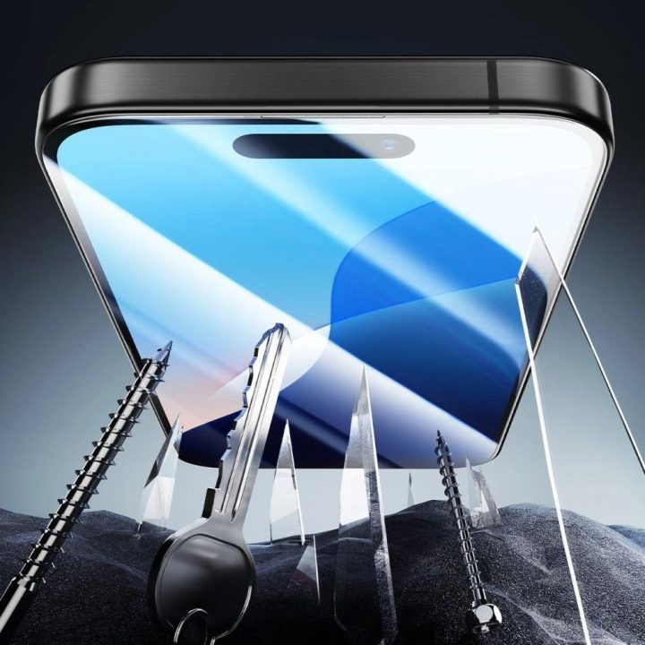 grūdintas stiklas iPhone 16“ su aplikatoriumi – su juodu rėmeliu