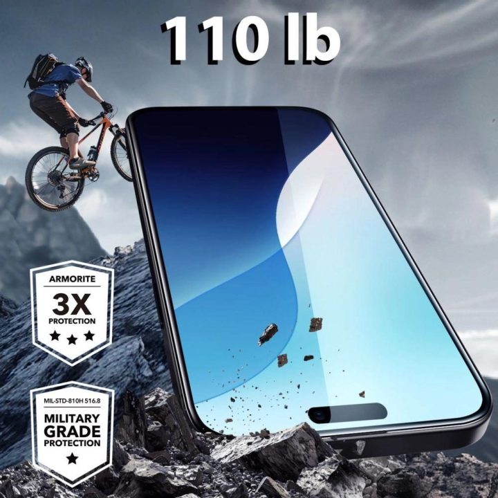 grūdintas stiklas iPhone 16“ su aplikatoriumi – su juodu rėmeliu