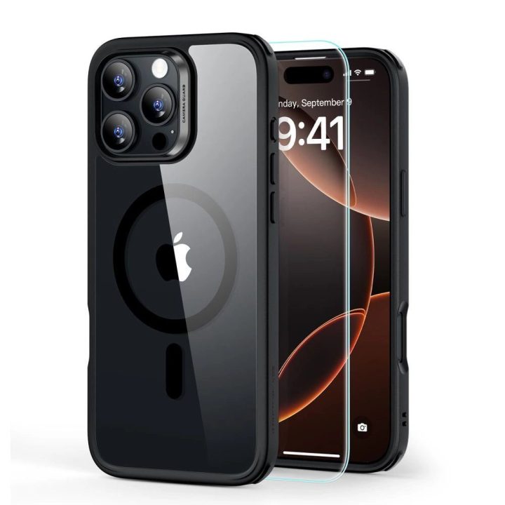 dėklas + grūdintas stiklas iPhone 16 Pro“ – skaidrus su juodu rėmeliu