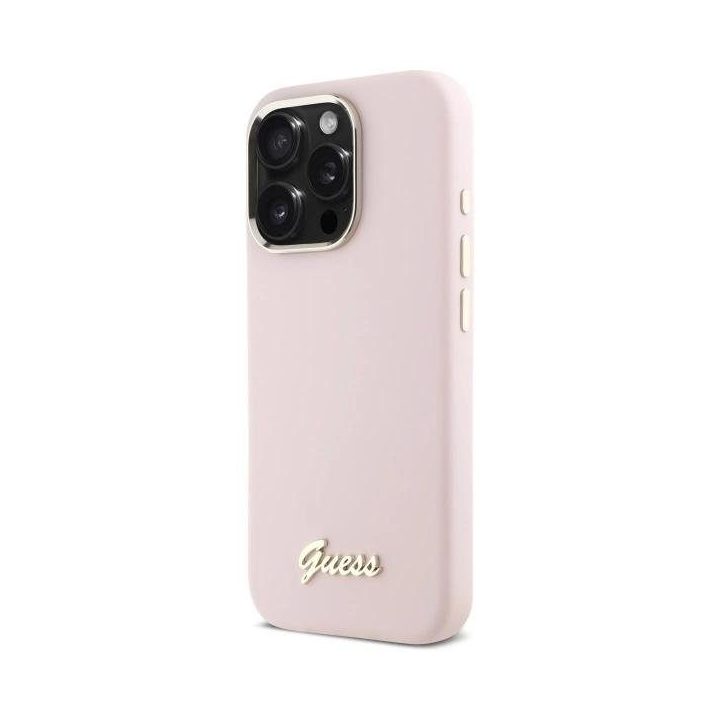 Guess Silicone Script Metal Logo & Frame iPhone 16 Pro dėklas – rožinis