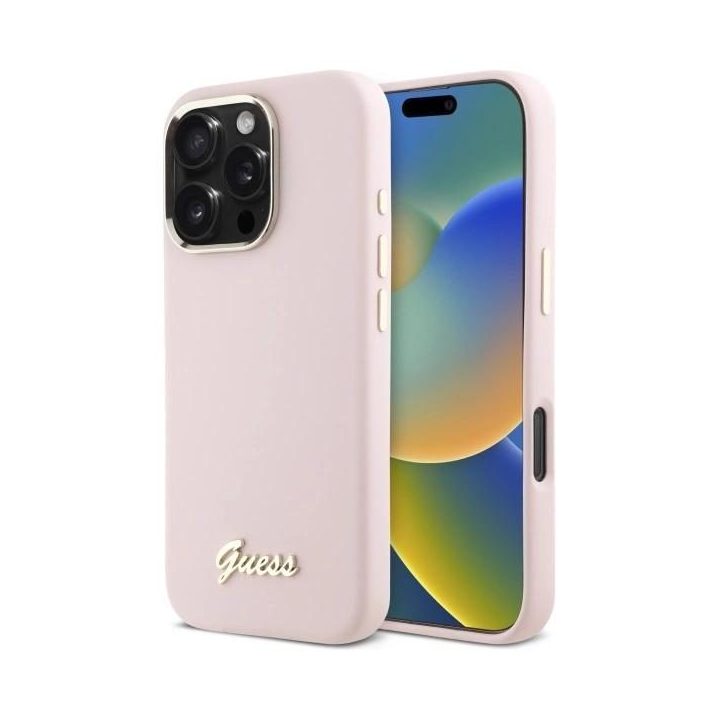 Guess Silicone Script Metal Logo & Frame iPhone 16 Pro dėklas – rožinis