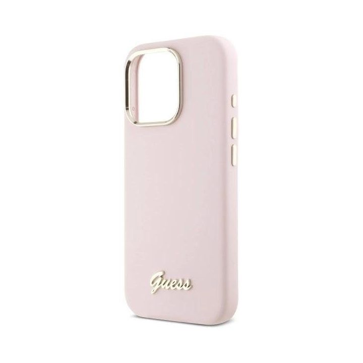 Guess Silicone Script Metal Logo & Frame iPhone 16 Pro dėklas – rožinis