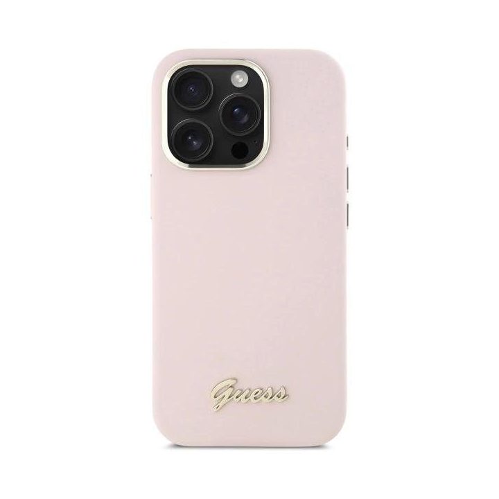 Guess Silicone Script Metal Logo & Frame iPhone 16 Pro dėklas – rožinis