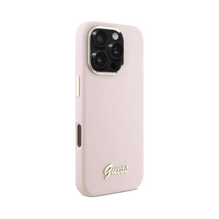 Guess Silicone Script Metal Logo & Frame iPhone 16 Pro dėklas – rožinis