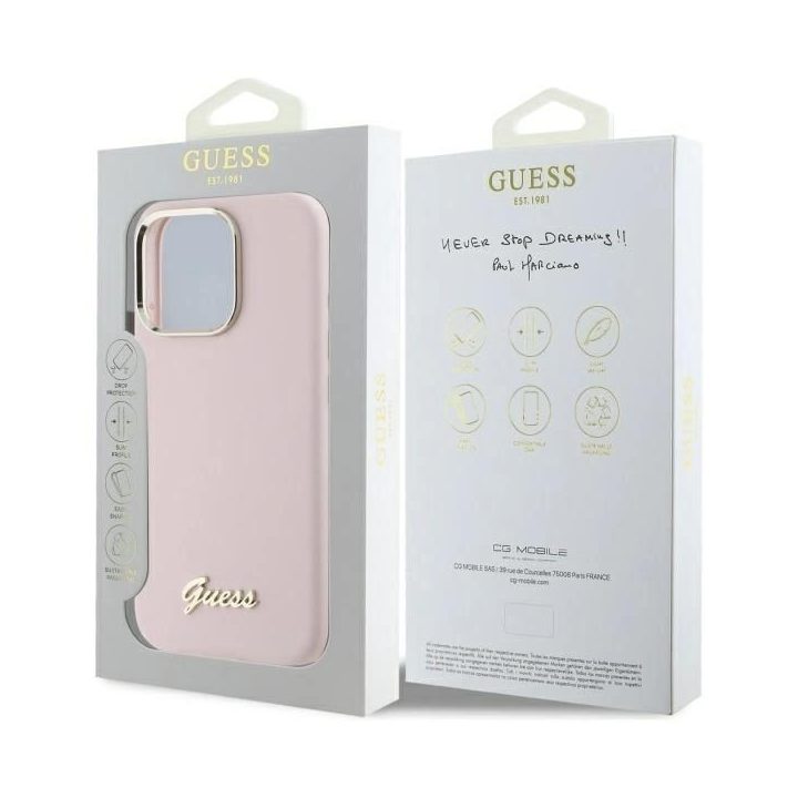 Guess Silicone Script Metal Logo & Frame iPhone 16 Pro dėklas – rožinis