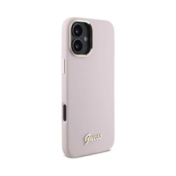 silikoninis dėklas su metaliniais logotipo elementais ir rėmeliu ,,iPhone 16 Plus“ – Rožinis