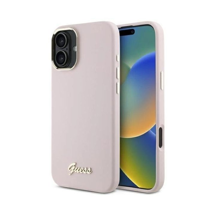 silikoninis dėklas su metaliniais logotipo elementais ir rėmeliu ,,iPhone 16 Plus“ – Rožinis
