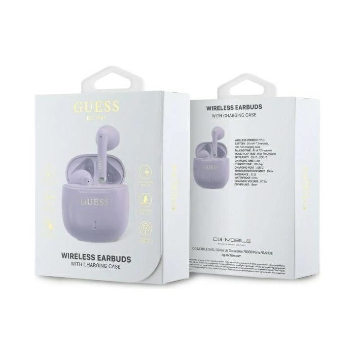 Guess“ Bluetooth“ ausinės TWS“ + įkrovimo stotelė violetinės/violetinės spalvos klasikinis logotipas