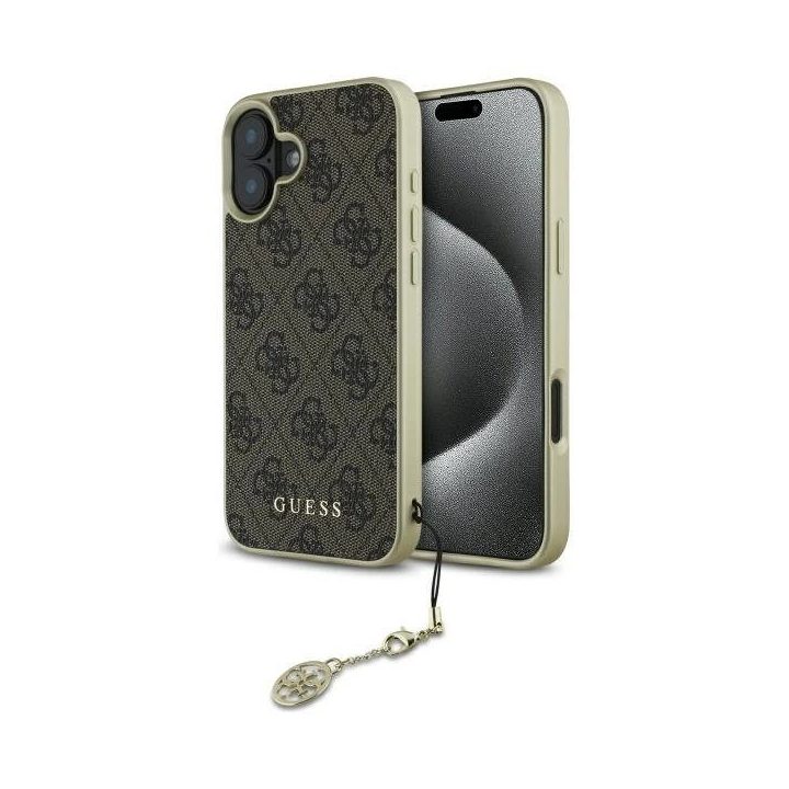 Guess“ 4G žavesių kolekcijos dėklas iPhone 16 Plus telefonui – rudas