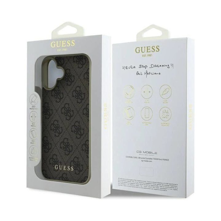Guess“ 4G žavesių kolekcijos dėklas iPhone 16 Plus telefonui – rudas