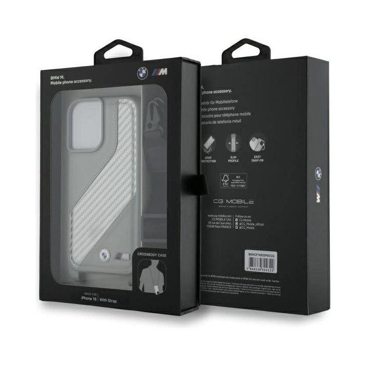 BMW M Edition Carbon Stripe & Strap iPhone 16 dėklas – pilkas