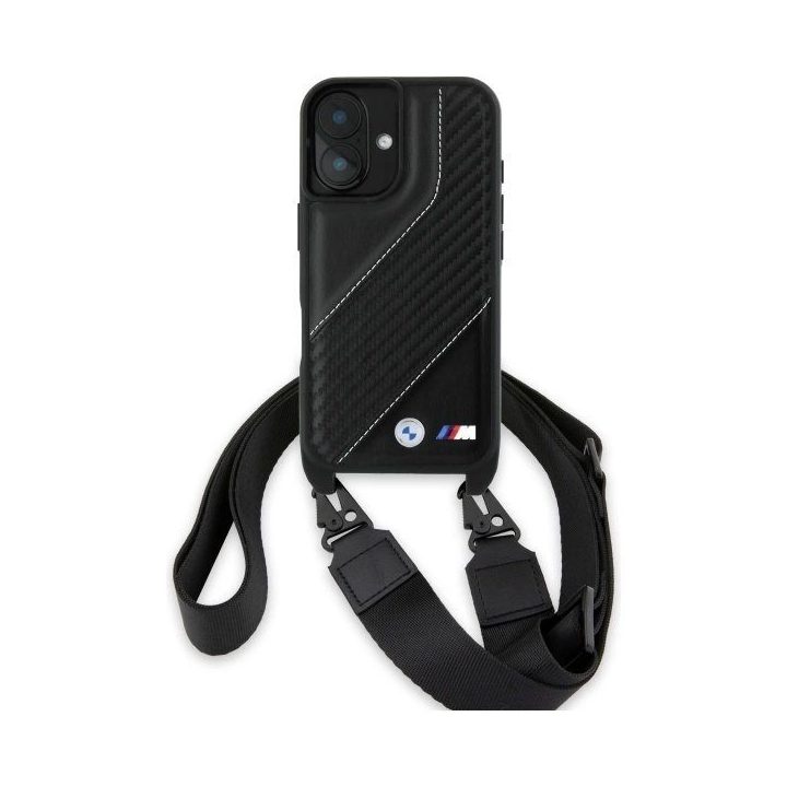 BMW M Edition Carbon Stripe & Strap iPhone 16 dėklas – juodos spalvos