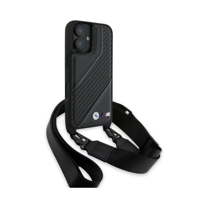 BMW M Edition Carbon Stripe & Strap iPhone 16 dėklas – juodos spalvos