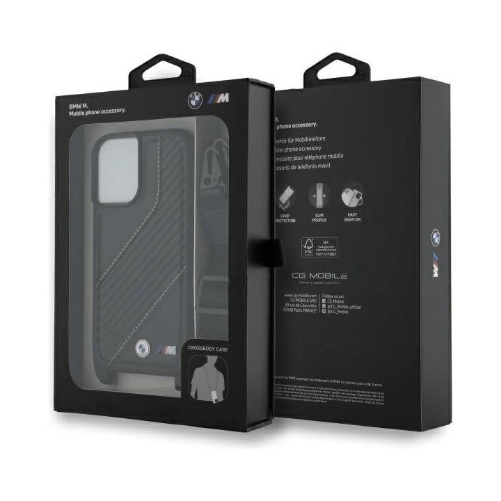 BMW M Edition Carbon Stripe & Strap iPhone 16 dėklas – juodos spalvos