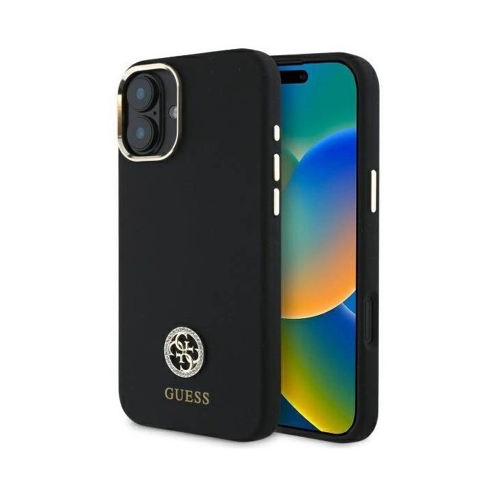 Guess Silicone Logo Strass 4G“ dėklas iPhone 16“ - juodos spalvos