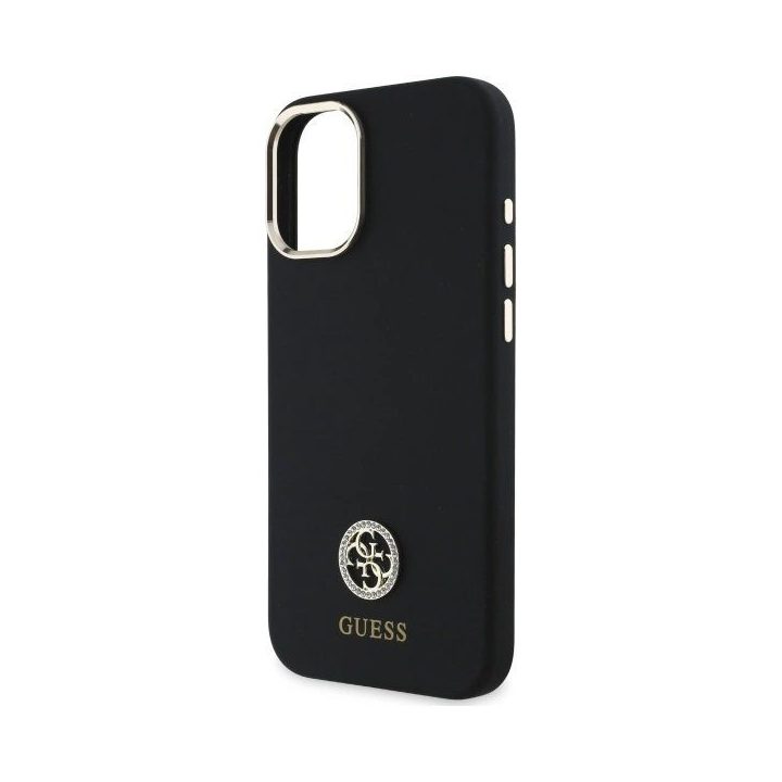 Guess Silicone Logo Strass 4G“ dėklas iPhone 16“ - juodos spalvos