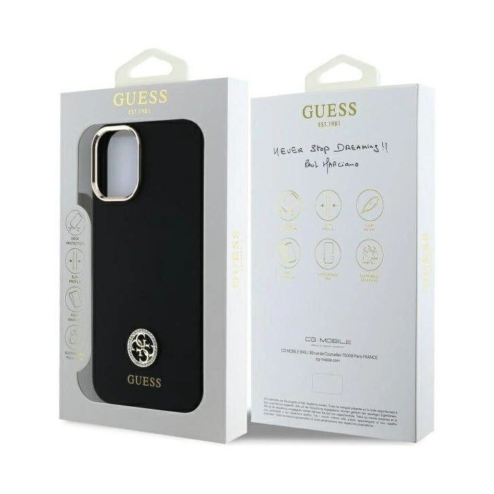 Guess Silicone Logo Strass 4G“ dėklas iPhone 16“ - juodos spalvos