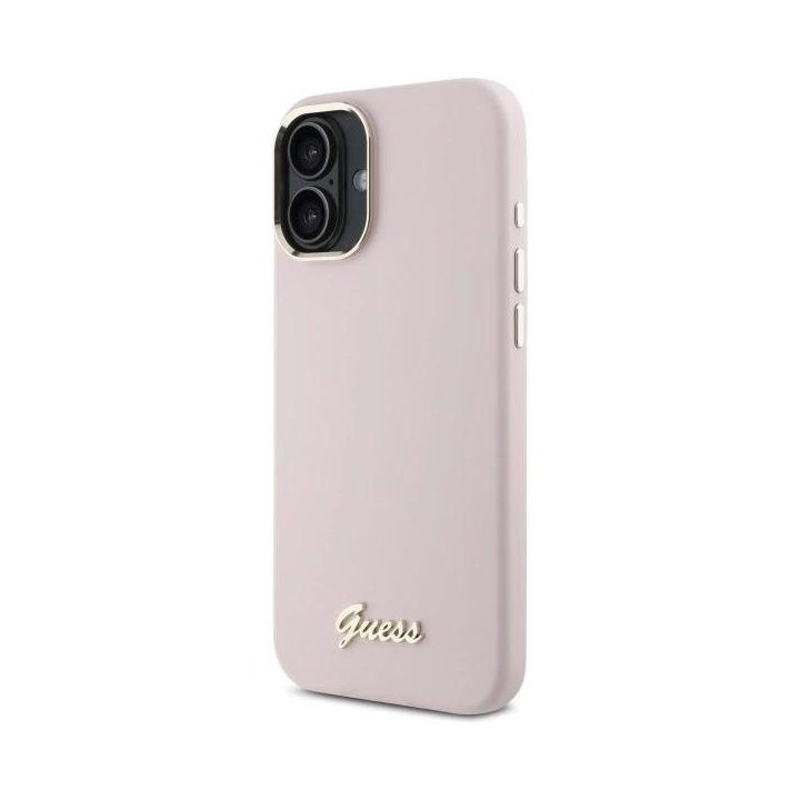 Guess Silicone Script Metal Logo & Frame iPhone 16 dėklas – rausvas