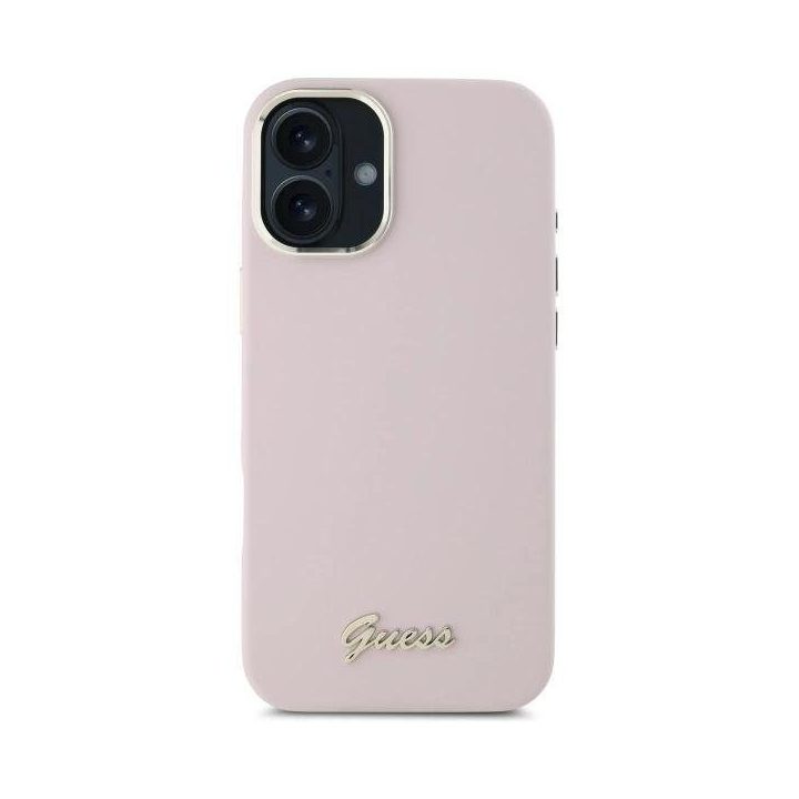 Guess Silicone Script Metal Logo & Frame iPhone 16 dėklas – rausvas