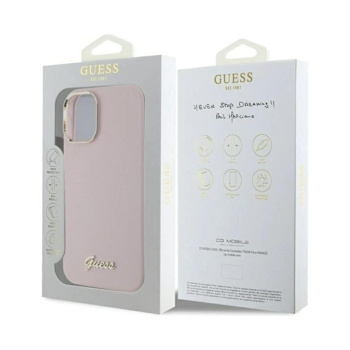 Guess Silicone Script Metal Logo & Frame iPhone 16 dėklas – rausvas