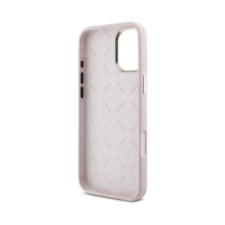 Guess Silicone Script Metal Logo & Frame iPhone 16 dėklas – rausvas