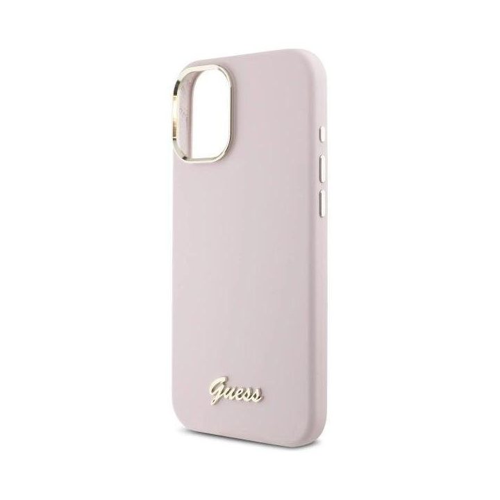 Guess Silicone Script Metal Logo & Frame iPhone 16 dėklas – rausvas