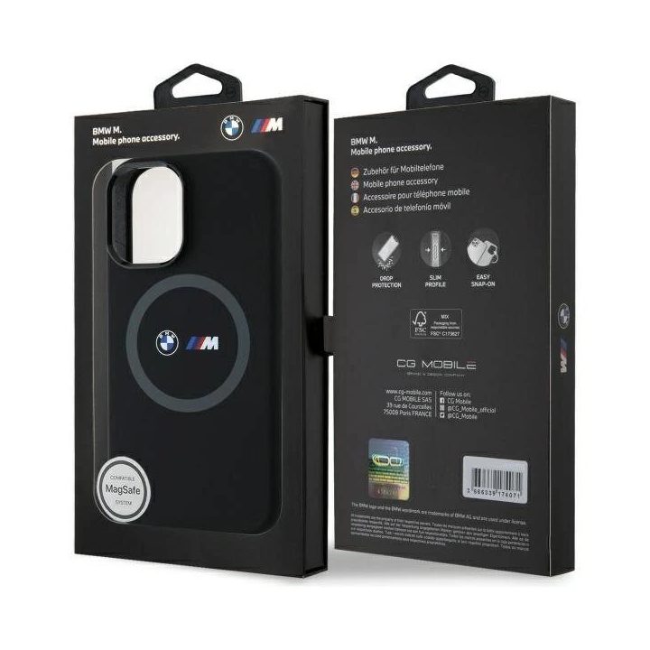 BMW M Silicone Printed Ring MagSafe iPhone 16 dėklas – juodas