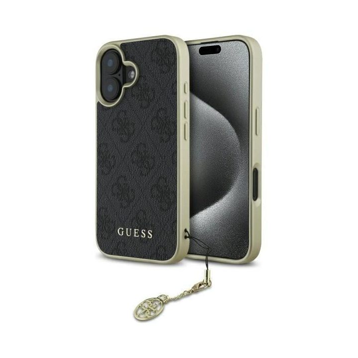 Guess 4G Charms Collection dėklas iPhone 16 telefonui - juodas