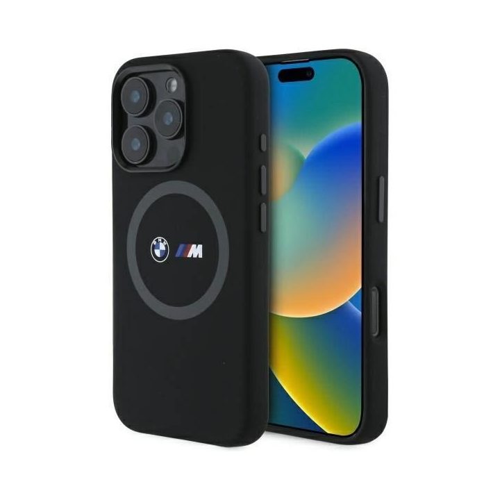 BMW M silikono raštais dengtas žiedinis MagSafe“ dėklas iPhone 16 Pro Max“ – juodas
