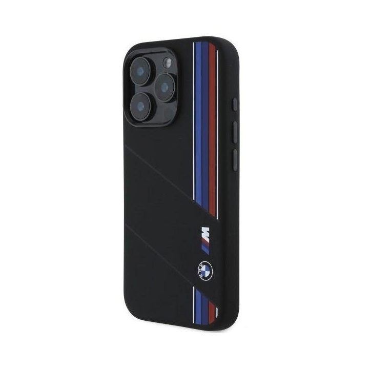 BMW silikoninis trispalvių linijų MagSafe dėklas iPhone 16 Pro Max“ – juodas