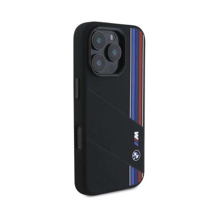 BMW silikoninis trispalvių linijų MagSafe dėklas iPhone 16 Pro Max“ – juodas