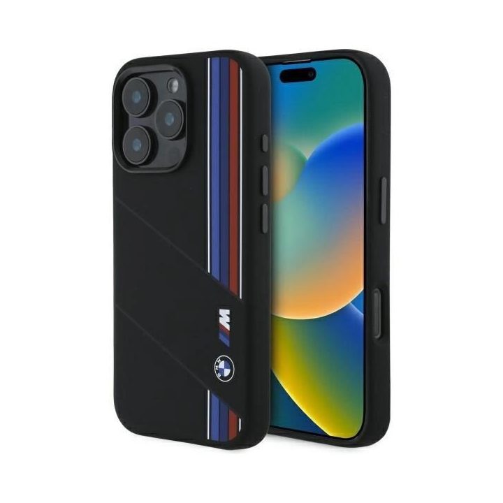 BMW silikoninis trispalvių linijų MagSafe dėklas iPhone 16 Pro Max“ – juodas