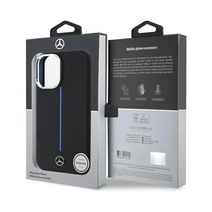Mercedes Silicone Blue Stripe“ MagSafe“ dėklas iPhone 16“ – juodas