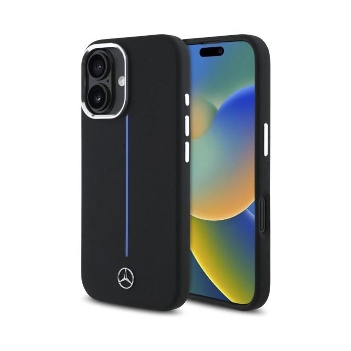 Mercedes Silicone Blue Stripe“ MagSafe“ dėklas iPhone 16“ – juodas