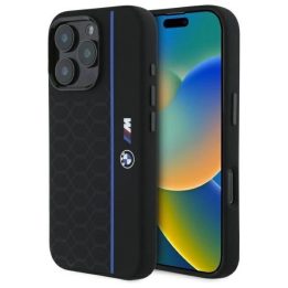 BMW silikoninis mėlynos linijos šešiakampio formos MagSafe“ dėkliukas iPhone 16 Pro Max“ – juodos spalvos